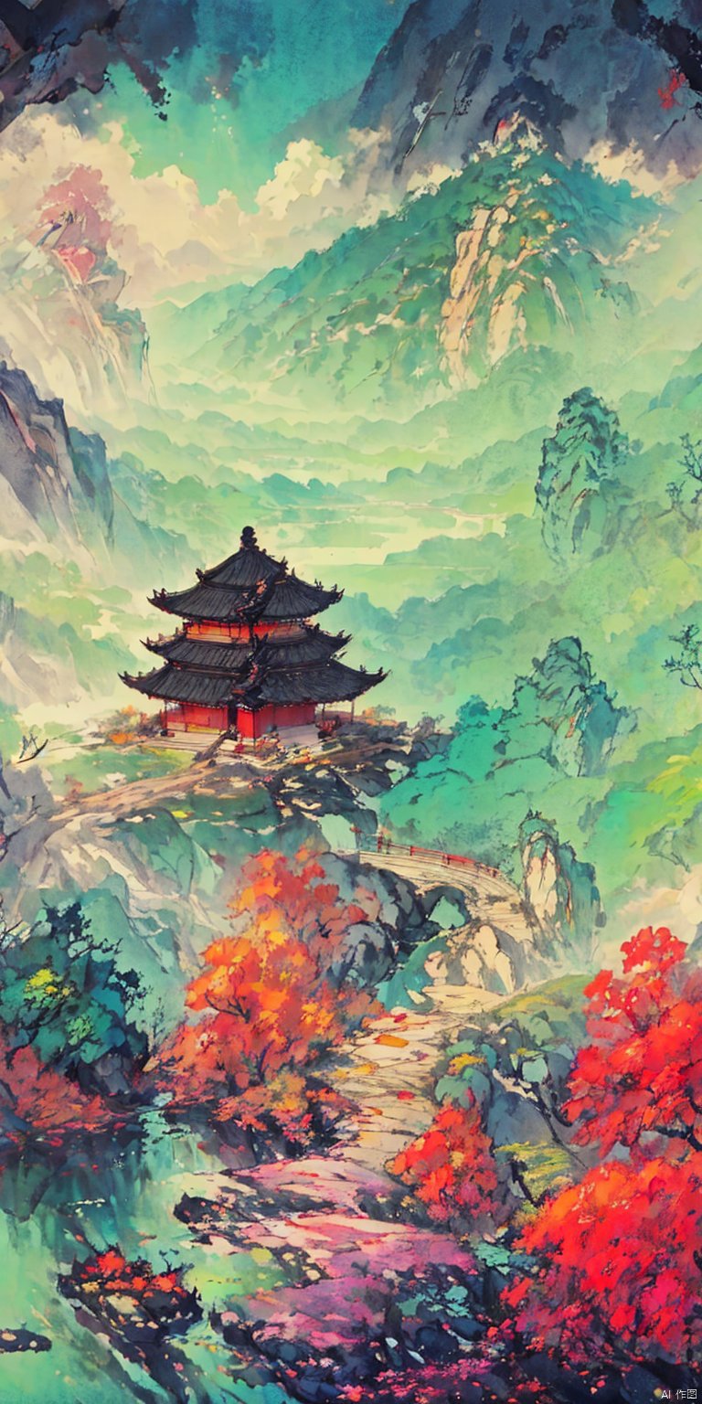  Shen Mengxi's painting "Qianli Jiangshan" depicts a landscape in the style of the Song Dynasty, using meticulous brushwork combined with a touch of freehand brushwork. Among the layered mountains and peaks, pine trees grow, and there is a light green lake with a mirror-like surface. A stone bridge with a pavilion connects two mountains. In the distance, there are continuous far-off mountains and a pale blue sky ((without any clouds)), The setting sun hangs in the sky, creating a captivating scene,claborate-style painting,pixel world,a photo of shanshui by jinliang,zydink,风景, zydink