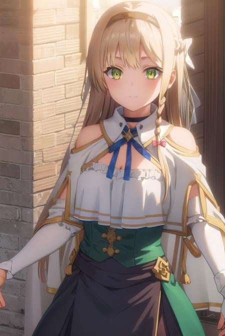 klaudiavalentz, <lora:klaudia valentz s1-lora-nochekaiser:1>,klaudia valentz, long hair, blonde hair, bow, ribbon, (green eyes:1.3), braid, hairband, side braid, smile,BREAK skirt, gloves, cleavage, choker, capelet, bridal gauntlets, white capelet,BREAK outdoors,BREAK looking at viewer, (cowboy shot:1.5),BREAK <lyco:GoodHands-beta2:1>, (masterpiece:1.2), best quality, high resolution, unity 8k wallpaper, (illustration:0.8), (beautiful detailed eyes:1.6), extremely detailed face, perfect lighting, extremely detailed CG, (perfect hands, perfect anatomy),