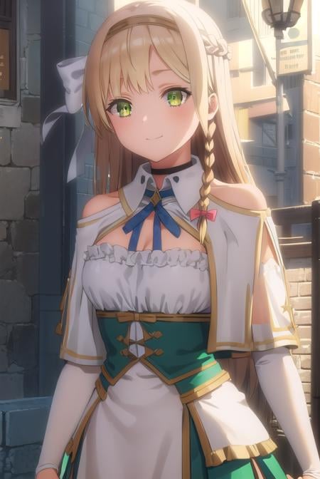 klaudiavalentz, <lora:klaudia valentz s1-lora-nochekaiser:1>,klaudia valentz, long hair, blonde hair, bow, ribbon, (green eyes:1.3), braid, hairband, side braid, smile,BREAK skirt, gloves, cleavage, choker, capelet, bridal gauntlets, white capelet,BREAK outdoors,BREAK looking at viewer, (cowboy shot:1.5),BREAK <lyco:GoodHands-beta2:1>, (masterpiece:1.2), best quality, high resolution, unity 8k wallpaper, (illustration:0.8), (beautiful detailed eyes:1.6), extremely detailed face, perfect lighting, extremely detailed CG, (perfect hands, perfect anatomy),