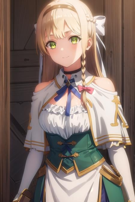 klaudiavalentz, <lora:klaudia valentz s1-lora-nochekaiser:1>,klaudia valentz, long hair, blonde hair, bow, ribbon, (green eyes:1.3), braid, hairband, side braid, smile,BREAK skirt, gloves, cleavage, choker, capelet, bridal gauntlets, white capelet,BREAK outdoors,BREAK looking at viewer, (cowboy shot:1.5),BREAK <lyco:GoodHands-beta2:1>, (masterpiece:1.2), best quality, high resolution, unity 8k wallpaper, (illustration:0.8), (beautiful detailed eyes:1.6), extremely detailed face, perfect lighting, extremely detailed CG, (perfect hands, perfect anatomy),