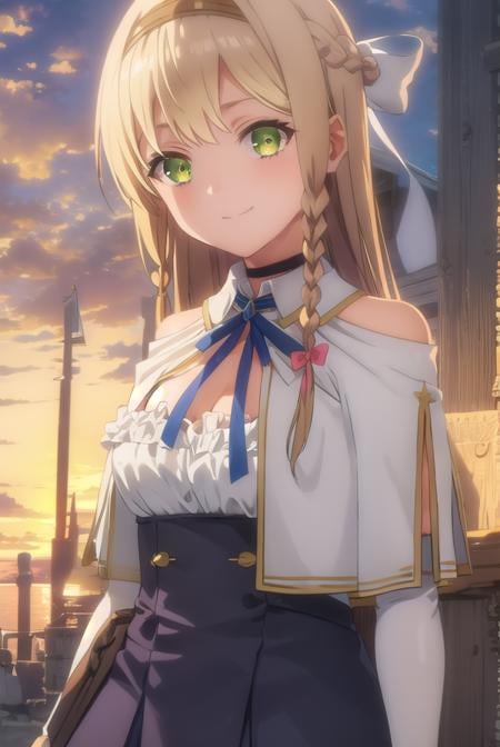 klaudiavalentz, <lora:klaudia valentz s1-lora-nochekaiser:1>,klaudia valentz, long hair, blonde hair, bow, ribbon, (green eyes:1.3), braid, hairband, side braid, smile,BREAK skirt, gloves, cleavage, choker, capelet, bridal gauntlets, white capelet,BREAK outdoors,BREAK looking at viewer, (cowboy shot:1.5),BREAK <lyco:GoodHands-beta2:1>, (masterpiece:1.2), best quality, high resolution, unity 8k wallpaper, (illustration:0.8), (beautiful detailed eyes:1.6), extremely detailed face, perfect lighting, extremely detailed CG, (perfect hands, perfect anatomy),