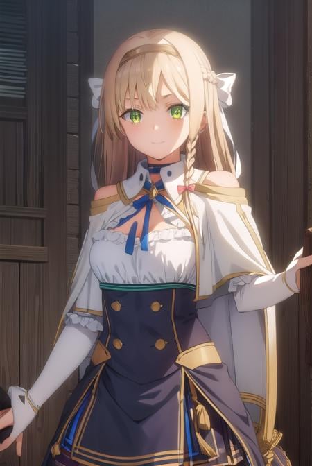 klaudiavalentz, <lora:klaudia valentz s1-lora-nochekaiser:1>,klaudia valentz, long hair, blonde hair, bow, ribbon, (green eyes:1.3), braid, hairband, side braid, smile,BREAK skirt, gloves, cleavage, choker, capelet, bridal gauntlets, white capelet,BREAK outdoors,BREAK looking at viewer, (cowboy shot:1.5),BREAK <lyco:GoodHands-beta2:1>, (masterpiece:1.2), best quality, high resolution, unity 8k wallpaper, (illustration:0.8), (beautiful detailed eyes:1.6), extremely detailed face, perfect lighting, extremely detailed CG, (perfect hands, perfect anatomy),