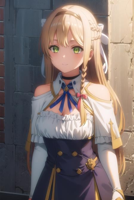 klaudiavalentz, <lora:klaudia valentz s1-lora-nochekaiser:1>,klaudia valentz, long hair, blonde hair, bow, ribbon, (green eyes:1.3), braid, hairband, side braid, smile,BREAK skirt, gloves, cleavage, choker, capelet, bridal gauntlets, white capelet,BREAK outdoors,BREAK looking at viewer, (cowboy shot:1.5),BREAK <lyco:GoodHands-beta2:1>, (masterpiece:1.2), best quality, high resolution, unity 8k wallpaper, (illustration:0.8), (beautiful detailed eyes:1.6), extremely detailed face, perfect lighting, extremely detailed CG, (perfect hands, perfect anatomy),