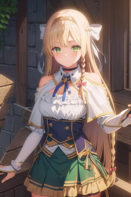 klaudiavalentz, <lora:klaudia valentz s1-lora-nochekaiser:1>,klaudia valentz, long hair, blonde hair, bow, ribbon, (green eyes:1.3), braid, hairband, side braid, smile,BREAK skirt, gloves, cleavage, choker, capelet, bridal gauntlets, white capelet,BREAK outdoors,BREAK looking at viewer, (cowboy shot:1.5),BREAK <lyco:GoodHands-beta2:1>, (masterpiece:1.2), best quality, high resolution, unity 8k wallpaper, (illustration:0.8), (beautiful detailed eyes:1.6), extremely detailed face, perfect lighting, extremely detailed CG, (perfect hands, perfect anatomy),