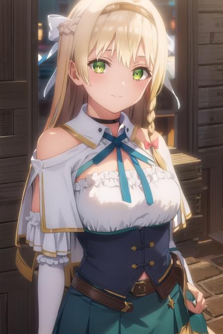 klaudiavalentz, <lora:klaudia valentz s1-lora-nochekaiser:1>,klaudia valentz, long hair, blonde hair, bow, ribbon, (green eyes:1.3), braid, hairband, side braid, smile,BREAK skirt, gloves, cleavage, choker, capelet, bridal gauntlets, white capelet,BREAK outdoors,BREAK looking at viewer, (cowboy shot:1.5),BREAK <lyco:GoodHands-beta2:1>, (masterpiece:1.2), best quality, high resolution, unity 8k wallpaper, (illustration:0.8), (beautiful detailed eyes:1.6), extremely detailed face, perfect lighting, extremely detailed CG, (perfect hands, perfect anatomy),