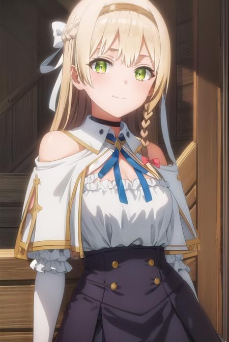 klaudiavalentz, <lora:klaudia valentz s1-lora-nochekaiser:1>,klaudia valentz, long hair, blonde hair, bow, ribbon, (green eyes:1.3), braid, hairband, side braid, smile,BREAK skirt, gloves, cleavage, choker, capelet, bridal gauntlets, white capelet,BREAK outdoors,BREAK looking at viewer, (cowboy shot:1.5),BREAK <lyco:GoodHands-beta2:1>, (masterpiece:1.2), best quality, high resolution, unity 8k wallpaper, (illustration:0.8), (beautiful detailed eyes:1.6), extremely detailed face, perfect lighting, extremely detailed CG, (perfect hands, perfect anatomy),