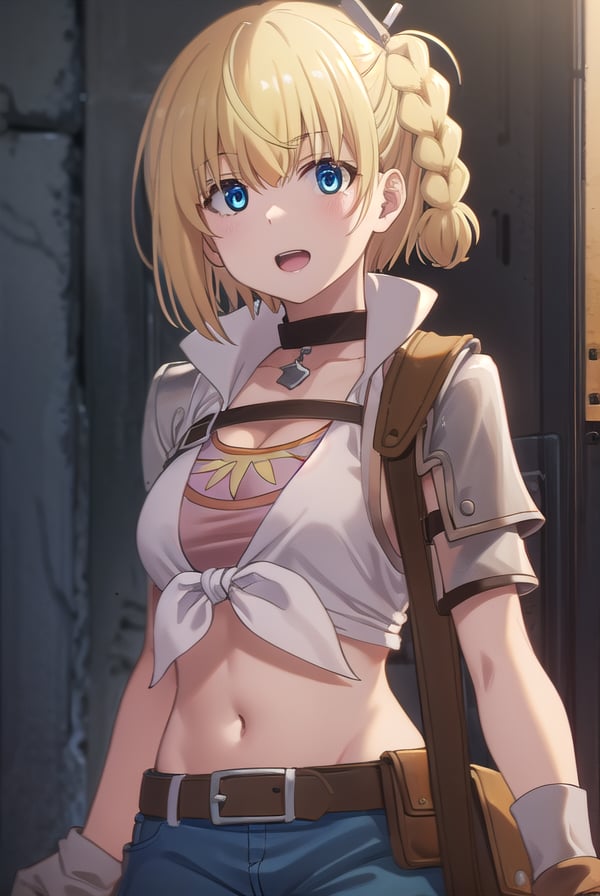 vendinglammis, <lora:vending lammis s1-lora-nochekaiser:1>,lammis, short hair, bangs, blue eyes, blonde hair, multicolored hair, streaked hair, braid, single braid, one side up, smile, open mouth,BREAK shirt, gloves, navel, cleavage, white shirt, shorts, sleeveless, choker, midriff, belt, fingerless gloves, crop top, short shorts, sleeveless shirt, brown gloves, red gloves, blue shorts, denim shorts, black belt, brown belt,BREAK outdoors,BREAK looking at viewer, (cowboy shot:1.5),BREAK <lyco:GoodHands-beta2:1>, (masterpiece:1.2), best quality, high resolution, unity 8k wallpaper, (illustration:0.8), (beautiful detailed eyes:1.6), extremely detailed face, perfect lighting, extremely detailed CG, (perfect hands, perfect anatomy),