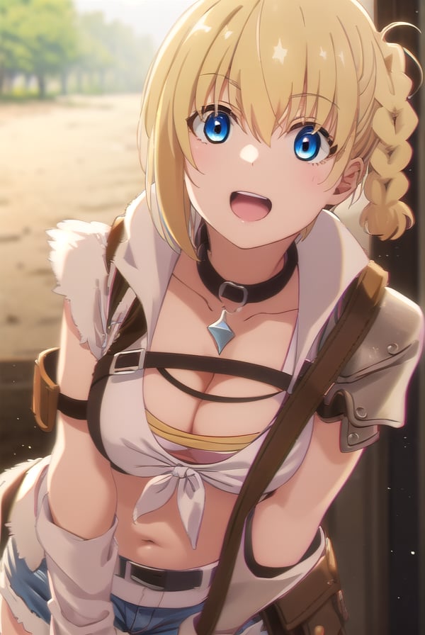 vendinglammis, <lora:vending lammis s1-lora-nochekaiser:1>,lammis, short hair, bangs, blue eyes, blonde hair, multicolored hair, streaked hair, braid, single braid, one side up, smile, open mouth,BREAK shirt, gloves, navel, cleavage, white shirt, shorts, sleeveless, choker, midriff, belt, fingerless gloves, crop top, short shorts, sleeveless shirt, brown gloves, red gloves, blue shorts, denim shorts, black belt, brown belt,BREAK outdoors,BREAK looking at viewer, (cowboy shot:1.5),BREAK <lyco:GoodHands-beta2:1>, (masterpiece:1.2), best quality, high resolution, unity 8k wallpaper, (illustration:0.8), (beautiful detailed eyes:1.6), extremely detailed face, perfect lighting, extremely detailed CG, (perfect hands, perfect anatomy),