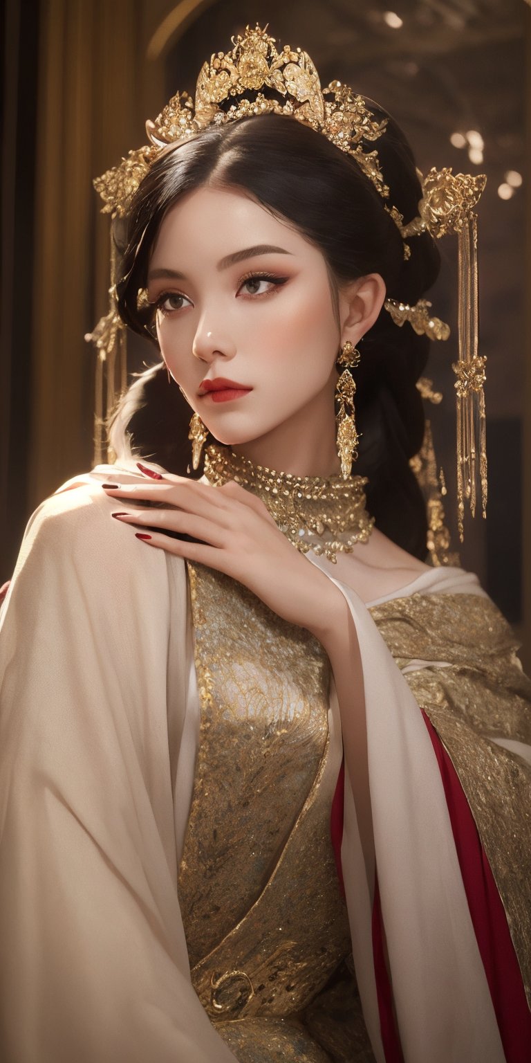 Extreme detailed,Realistic,solo,
An ancient noblewoman with intricate hairstyle and luxurious clothing, Raven braids adorned with jewels, alabaster skin with subtle rouge, emerald eyes sparkling with untold stories. Twilight blue gown embroidered with constellations, crimson cloak held by mythical beasts, each accessory whispering ancient enchantments. Poised and powerful, yet mischievous, amidst a grand ballroom, moonlit garden, or throne room. Manicured nails, exotic scent, high-fantasy, detailed, Masterpiece,chinese_hairstyle,photorealistic,realistic