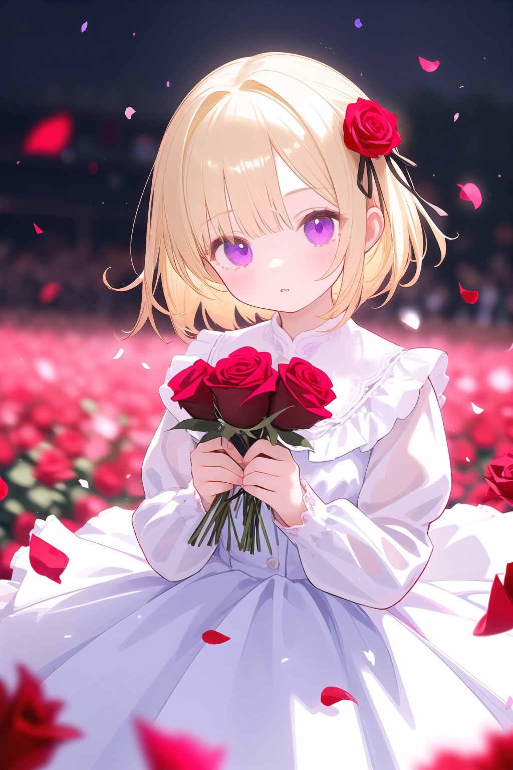 1girl,bangs,blonde_hair,blue_rose,blurry,blurry_foreground,bouquet,confetti,depth_of_field,dress,falling_petals,flower,frills,hair_flower,holding,holding_flower,long_sleeves,looking_at_viewer,motion_blur,one_eye_covered,petals,pink_flower,pink_rose,purple_eyes,purple_rose,red_bow,red_flower,red_ribbon,red_rose,rose,rose_petals,short_hair,skirt,solo,thorns,upper_body,white_background,white_flower,white_rose,wind,yellow_rose,