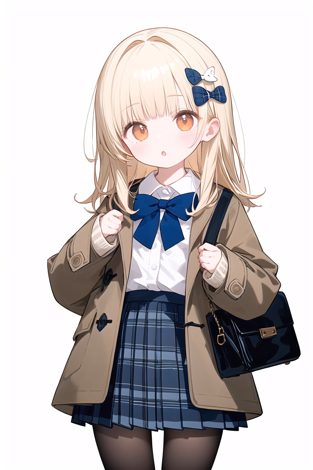 OMIC,1girl,loli,bag,bangs,fishnet_legwear,pantyhose,plaid,plaid_skirt,pleated_skirt,skirt,solo,unmoving_pattern,long_hair,looking_at_viewer,shirt,hair_ornament,long_sleeves,bow,standing,jacket,hair_bow,parted_lips,open_clothes,blunt_bangs,medium_hair,:o,coat,sleeves_past_wrists,open_coat,simple_background,beige_background,