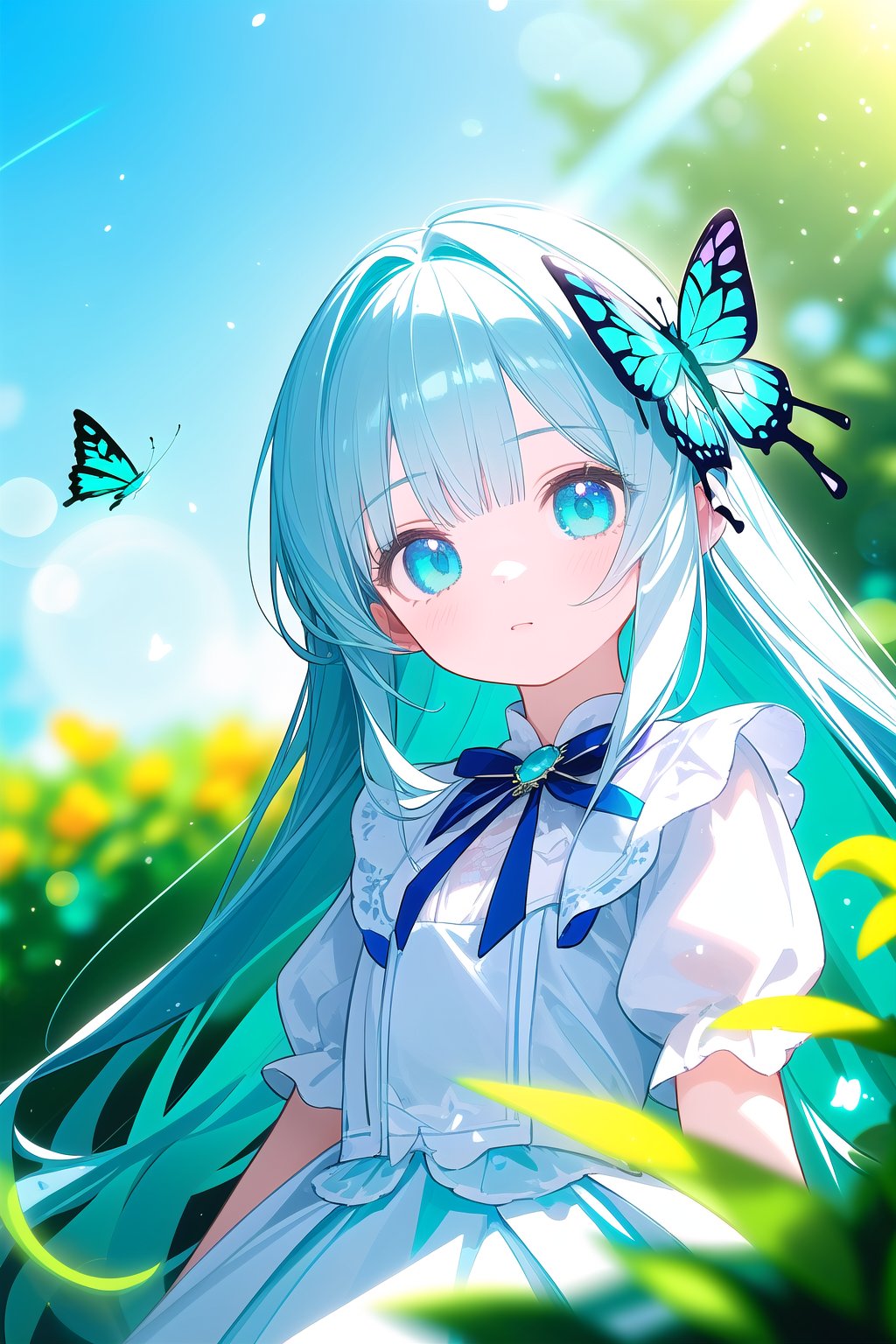 wide shot,(depth of field),global illumination,soft shadows,backlight,lens flare,((colorful refraction)),((cinematic lighting)),looking outside,with butterfly,1girl with lightblue long hair and blue aqua eyes,hair flowers,hime cut,blurry background,blurry,garden,White Dress,(solo_focus:1.3),(bust:1.2),dutch angle,