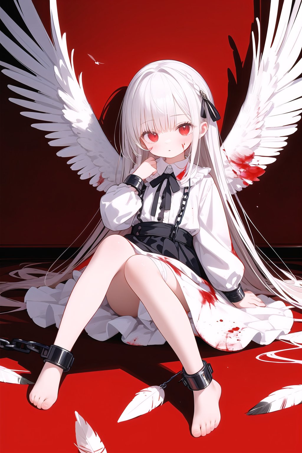 masterpiece,best quality,loli,1girl,solo,wings,blood,long hair,sitting,chain,red eyes,blood on hands,feathered wings,barefoot,blood on face,blood from eyes,dress,long sleeves,cuffs,feathers,frills,looking at viewer,very long hair,white wings,bandages,shackles,bangs,