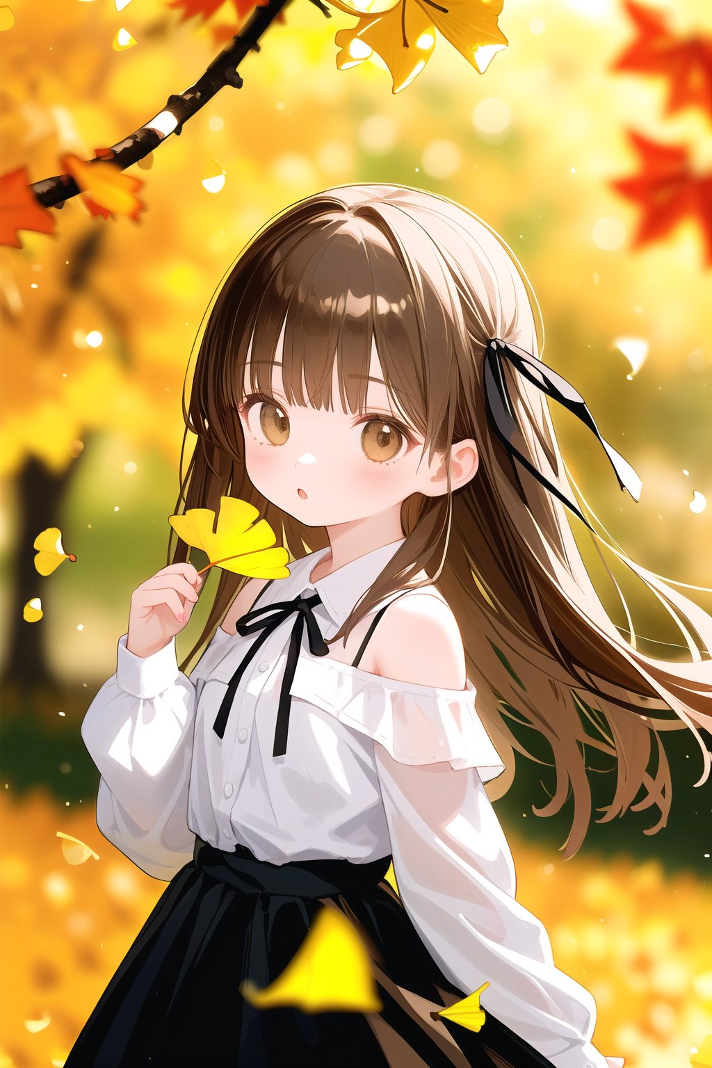 1girl, solo, holding leaf, long hair, ginkgo leaf, brown eyes, skirt, looking at viewer, holding, ribbon, hair ribbon, long sleeves, shirt, blurry, leaf, blurry background, bangs, off shoulder, brown skirt, black ribbon, brown hair, blush, depth of field, white shirt, hand up, autumn leaves, black shirt