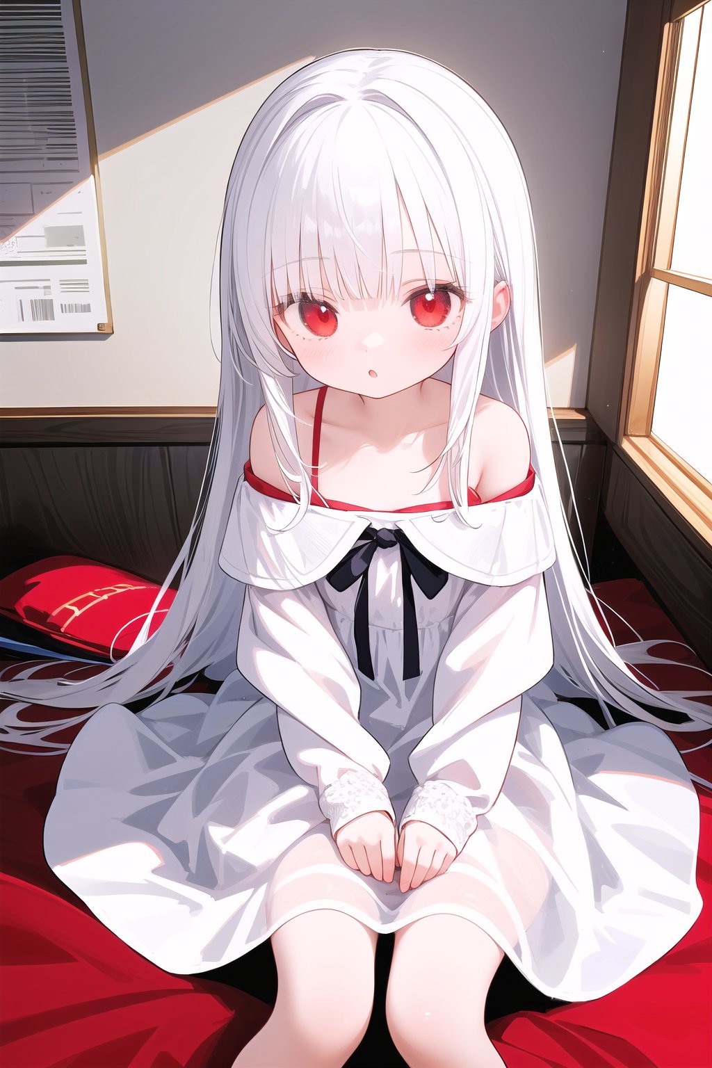 1girl,loli,student,petite,white hair,long hair,straight_hair,otaku room,white-off-shoulder_dress,red eyes,