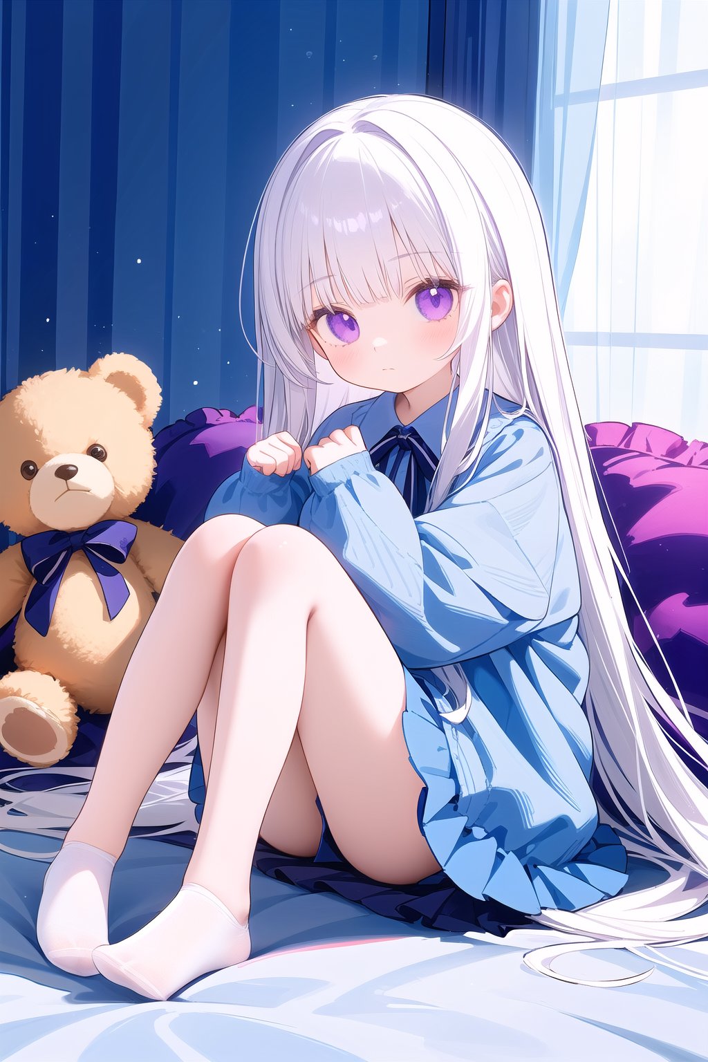 1girl,loli, no shoes, solo, long hair, purple eyes, soles, feet, stuffed toy, stuffed animal, white hair, long sleeves, looking at viewer, bangs, sitting, closed mouth, very long hair, sleeves past wrists, shirt,blue shirt, foreshortening, full body, legs, teddy bear, knees up, curtains,