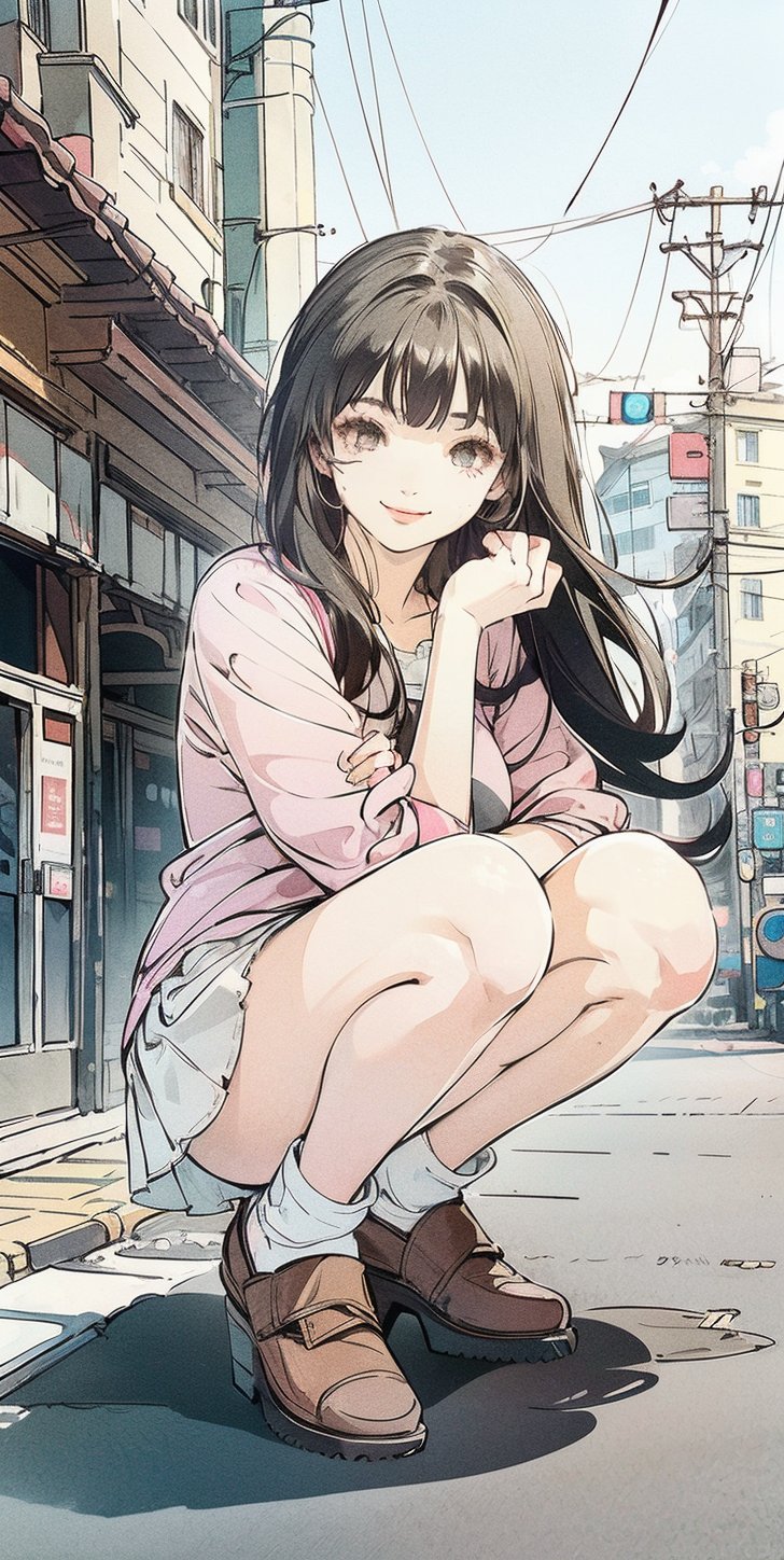 8K quality animation, (high resolution animation), ultra high resolution rendering, (French woman: 1.5), background of building city, (woman squatting with legs spread on the ground: 1.5), long light brown hair, long bangs, (Face looking at you: 1.5), (Pretty face: 1.5), (Smile: 1.5), (Pretty eyes looking at you: 1.5), White jacket, gray frilly shirt, long ribbon, floral pattern with legs spread skirt, (crotch of white panties),Chiaki_Garo_aiwaifu,midjourney,aiwaifu,Anitoon2