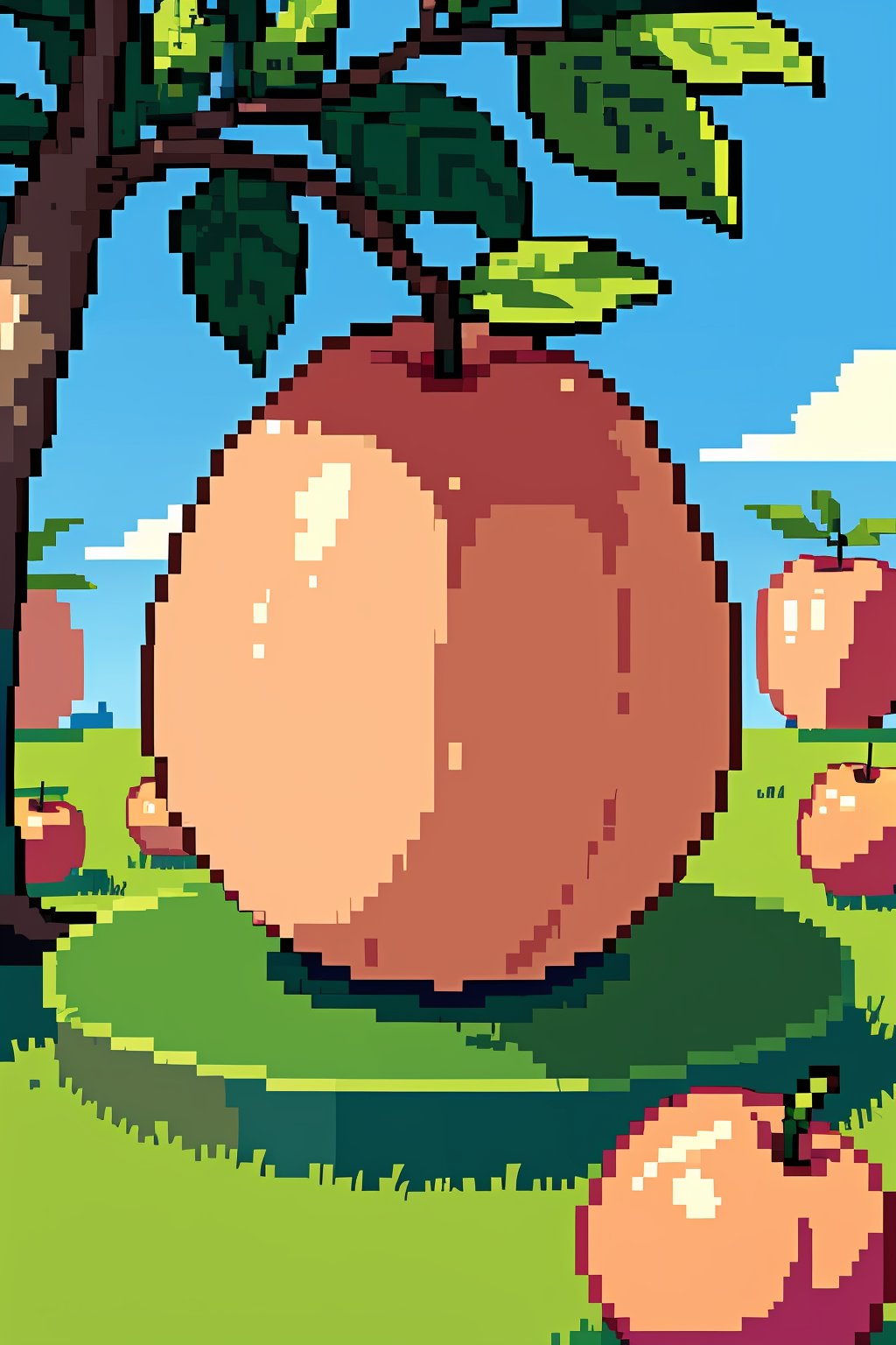 Orchard, big peach, blue sky, pixel art,