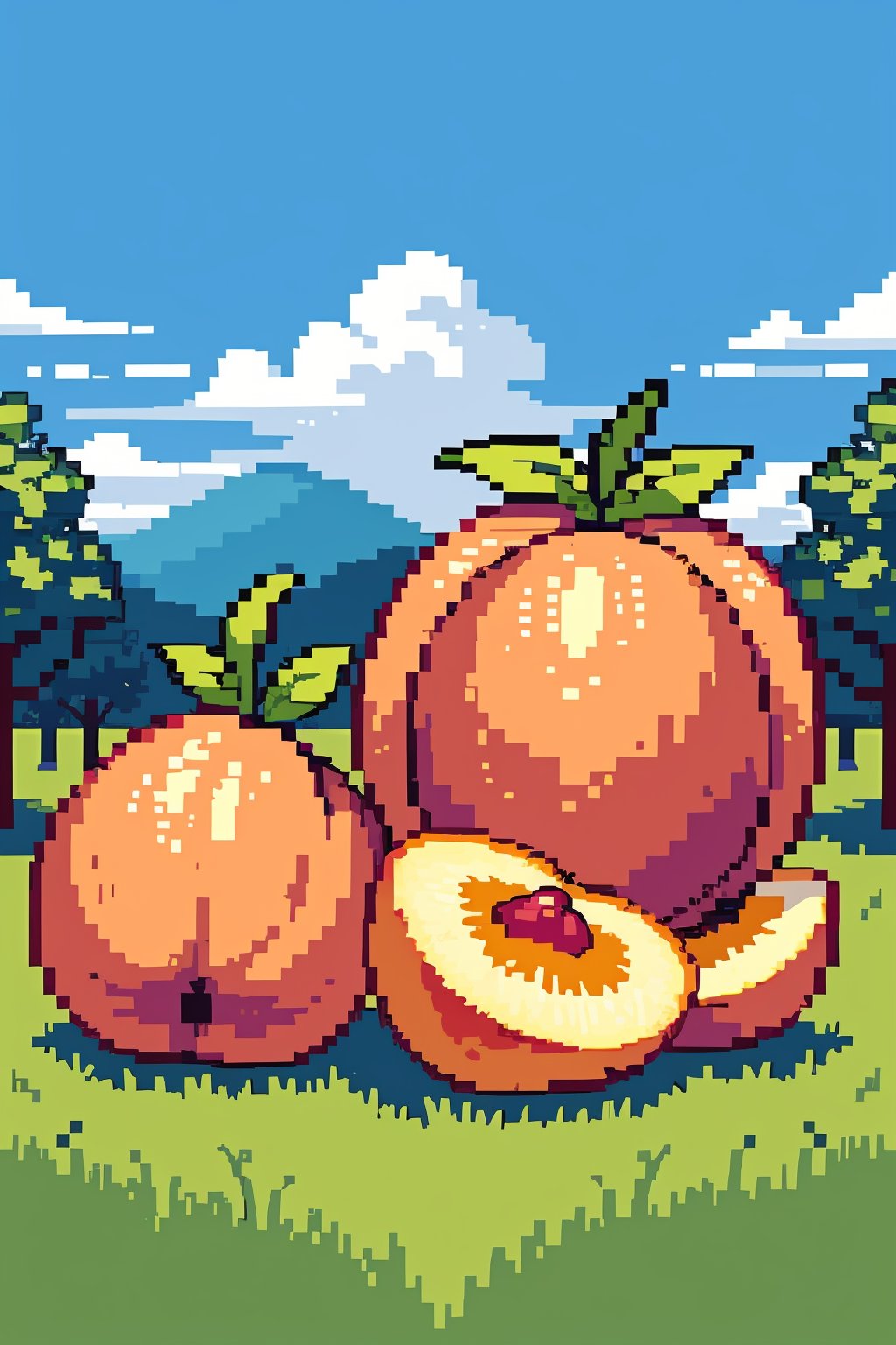 Orchard, two large peaches, blue sky, pixel art,