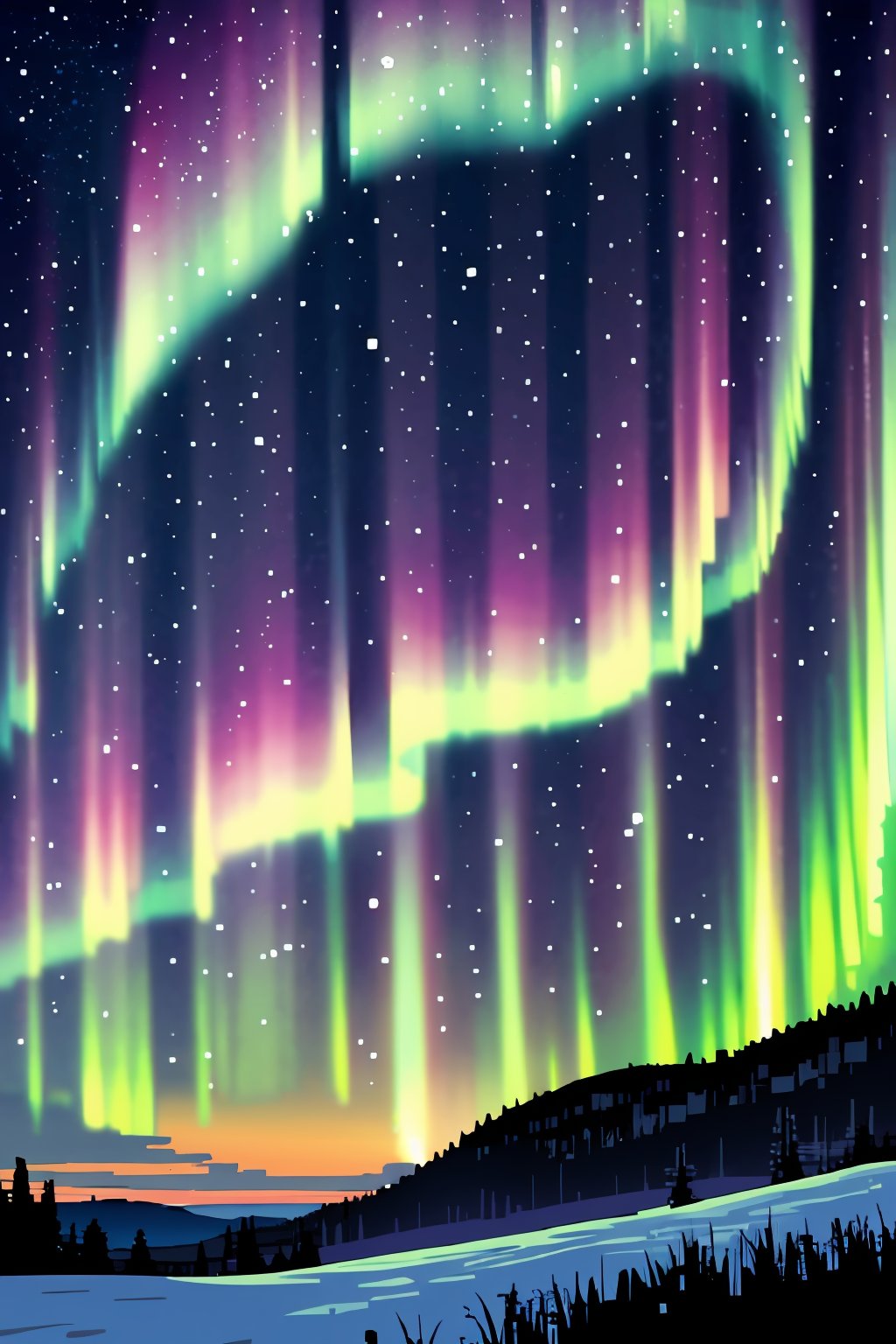 Finland, aurora, night sky, pixel art,