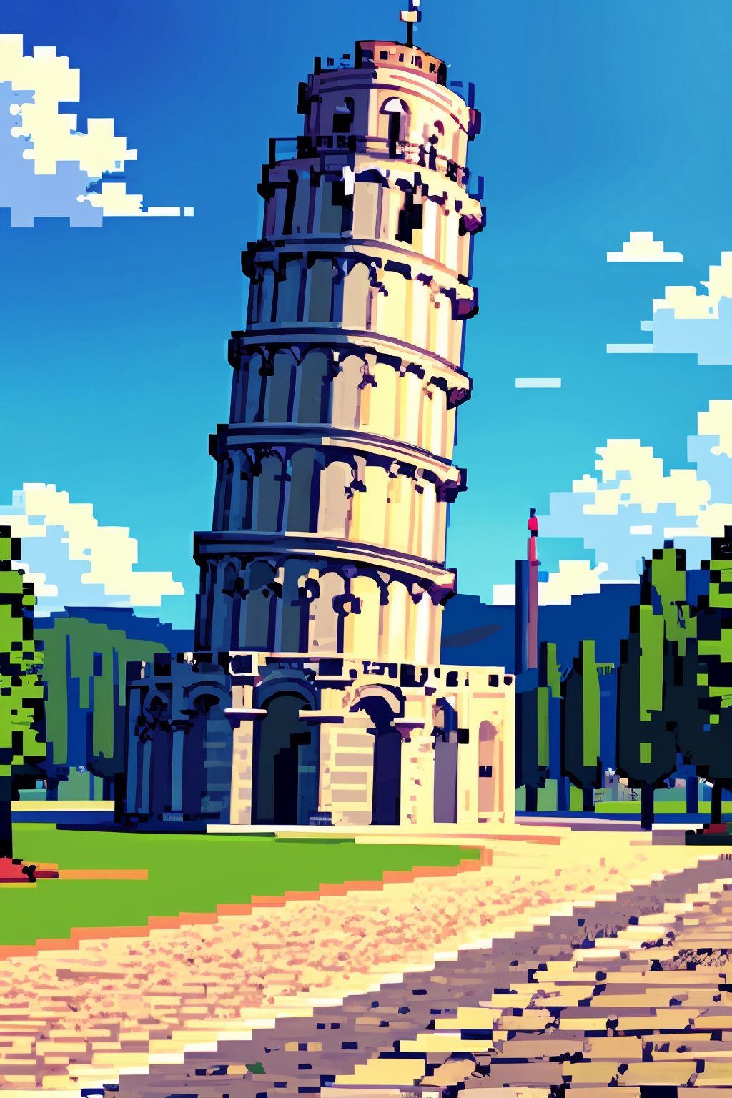 Italy, Leaning Tower of Pisa, blue sky, pixel art,