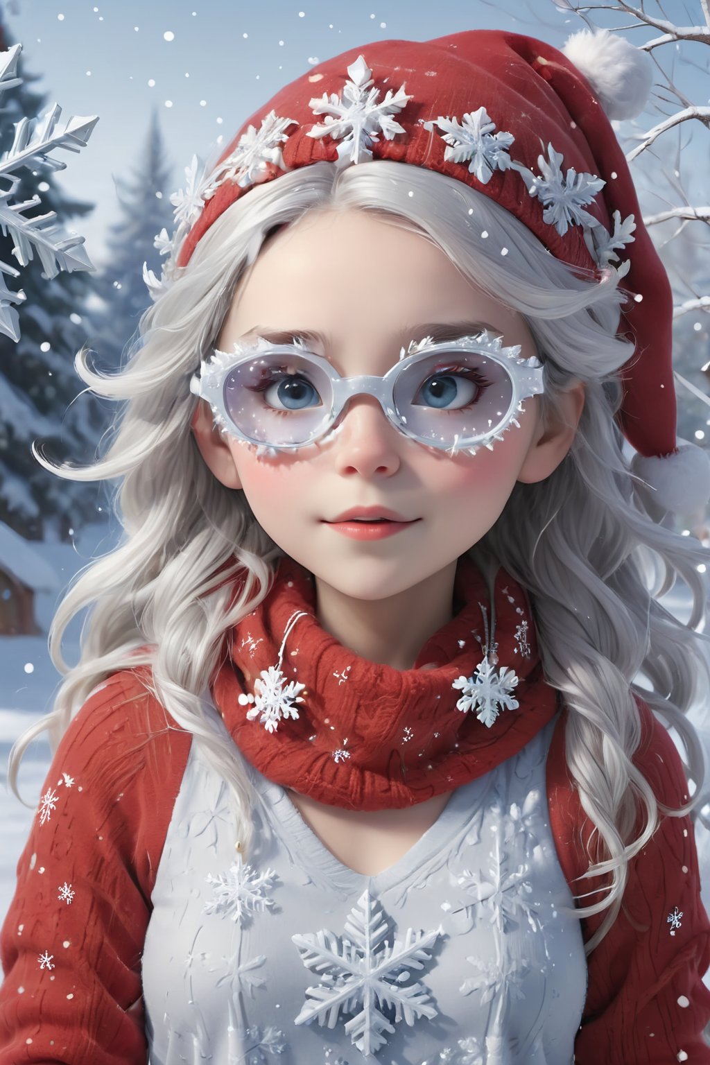 
In this Christmas scene, a petite girl stands alone in the snowy landscape. She wears a red Christmas hat, wearing sfglasses, her long hair dances in the chilly breeze. Wrapped in a deep red wool sweater, her scarf is adorned with delicate snowflake patterns.

The cold air tinges her cheeks with a slight rosy hue, while her eyes sparkle with warm anticipation. The slightly upturned face reveals a hope for the Christmas miracle. Snowflakes create a silver crown on her hair, as if crafting an ice and snow tiara for her.

Though her hands are not visible from behind, her posture exudes tranquility and expectation. Surrounding her is a silver-clad snowy scene, with a Christmas tree adorned with dazzling lights and gifts. The entire scene emanates warmth and joy, as if the magic of Christmas is about to unfold around her.,sfglasees