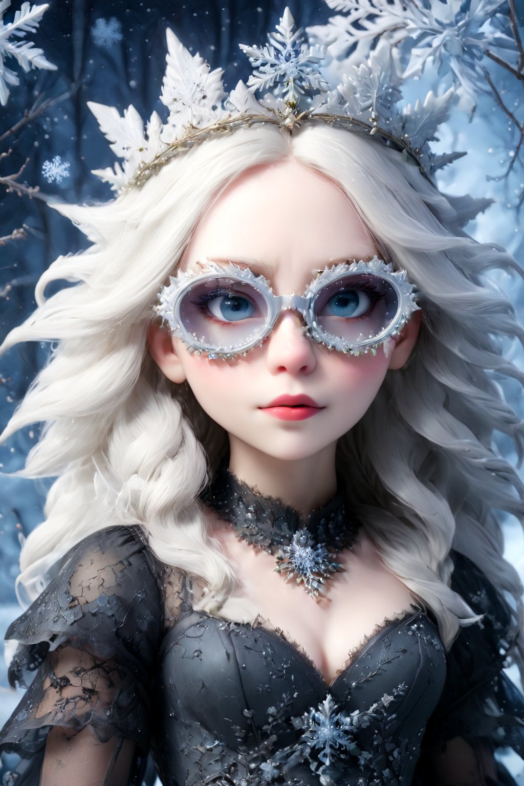 best quality,ultra-detailed,realistic,dark queen,snow,beautiful detailed eyes,long flowing hair,regal crown,dark makeup,pale skin,black dress,wearing sfglasses,gloomy atmosphere,haunting shadows,mysterious,enchanted winter landscape,moonlight,queen's palace,ice crystals,frozen roses,ethereal beauty,cold breath,strong presence,stormy sky,ominous clouds,silent snowfall,glistening snowflakes,icy throne,winter spirit,drama and elegance,gothic art style,subtle color palette,luminous moonlight,soft candlelight,emotive lighting,contrasting highlights and shadows.,sfglasees