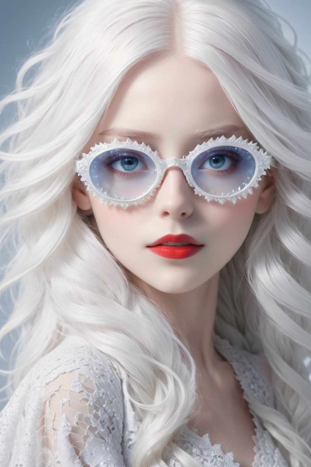 A girl with extremely fair complexion, almost appearing ghostly, possesses stunning flowing white hair that cascades down past her shoulders. Her eyes, an intense shade of red, glow eerily against her pale skin. wearing sfglasses,This mesmerizing image, resembling a high-resolution photograph, captures every intricate detail of the girl's ethereal beauty. From the flawless complexion to the intricately styled white hair and mesmerizing grey eyes, the picture showcases the subject in astounding clarity. The exceptional quality of the image transports viewers into a world where they can effortlessly admire the girl's otherworldly features,sfglasees