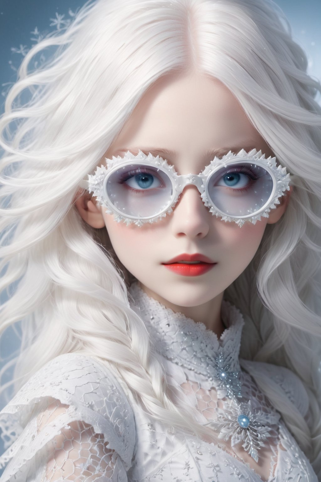 A girl with extremely fair complexion, almost appearing ghostly, possesses stunning flowing white hair that cascades down past her shoulders. Her eyes, an intense shade of red, glow eerily against her pale skin. wearing sfglasses,This mesmerizing image, resembling a high-resolution photograph, captures every intricate detail of the girl's ethereal beauty. From the flawless complexion to the intricately styled white hair and mesmerizing grey eyes, the picture showcases the subject in astounding clarity. The exceptional quality of the image transports viewers into a world where they can effortlessly admire the girl's otherworldly features,sfglasees