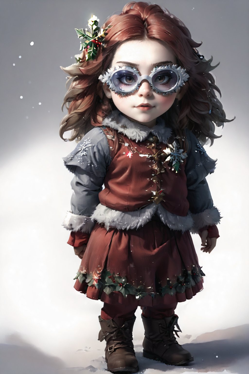 portrait of dwarf teen girl with christmas red dwarf clothes, full shot (FS), ((full body with legs)), standing, looking straight,wearing sfglasses, | (white background:1.2), simple background |, medieval, muted colors, digital art, 8K resolution, ultra quality, Watercolor, trending on artstation, intricate details, highly detailed, greg rutkowski,sfglasees