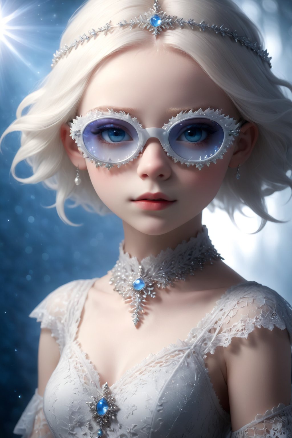 ((Bokeh:1.5)),((Soft focus:1.5)),(Fog),((blur)),(Lens Flare),
The Childlike Empress,stunning beautiful young albino girl,14 yers old,alabaster skin,very short brown  hair,wearing sfglasses,((Slicked back hair)),(head chain with jewelry stone),((viewed from side:1.5)),
girl has Beautiful blue eyes, soft expression, Depth and Dimension in the Pupils, She wears white delicate fractal pattern lace dress, , creating a sense of movement and depth.
p3rfect boobs,3d toon style,sfglasses,