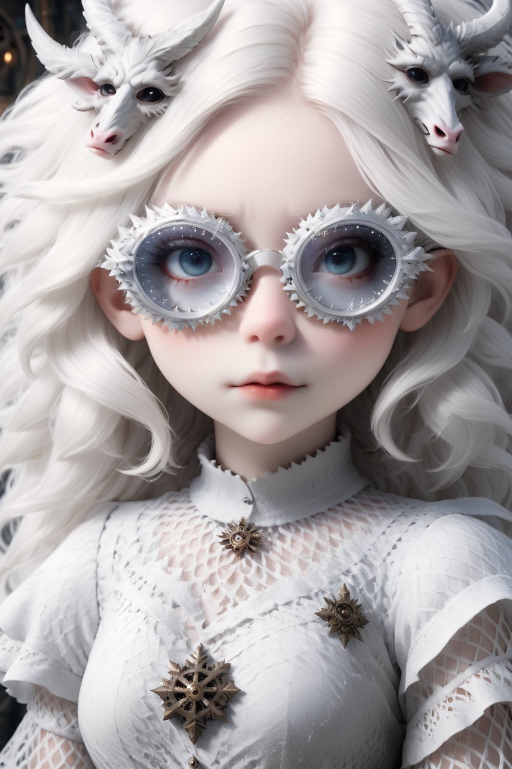 1 girl, (masterful), albino demon girl with lethargic sleepy smokey eyes,(white dreadlocks hair),((slit pupil eyes)),mesh fishnet blouse, (long  horns:1.2) ,wearing sfglasses,
best quality, highest quality, extremely detailed CG unity 8k wallpaper, detailed and intricate, 
,steampunk style,Glass Elements,sfglasees