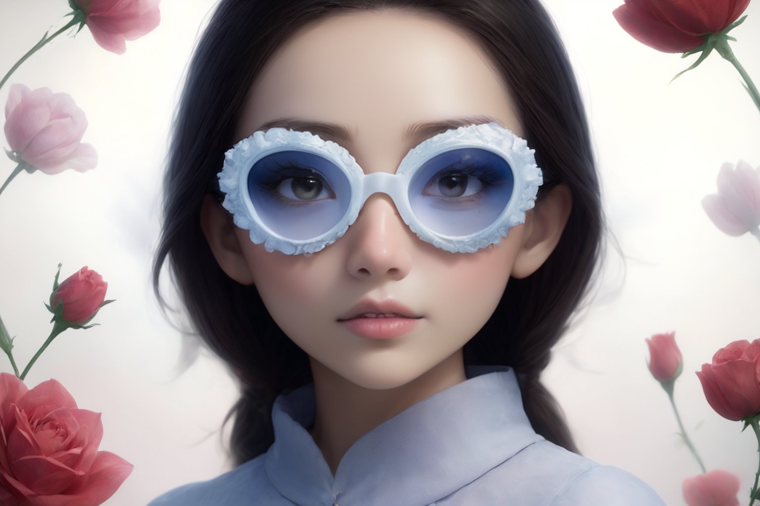 Create a modern-styled portrait of a gentle lady inspired by roses and love, wearing sfglasses,utilizing the vibrant color palettes and sleek lines reminiscent of the works by Chinese contemporary artist Zhang Xiaogang.,Enhance,Daughter of Dragon God,Young beauty spirit ,Perfect skin,sfglasees