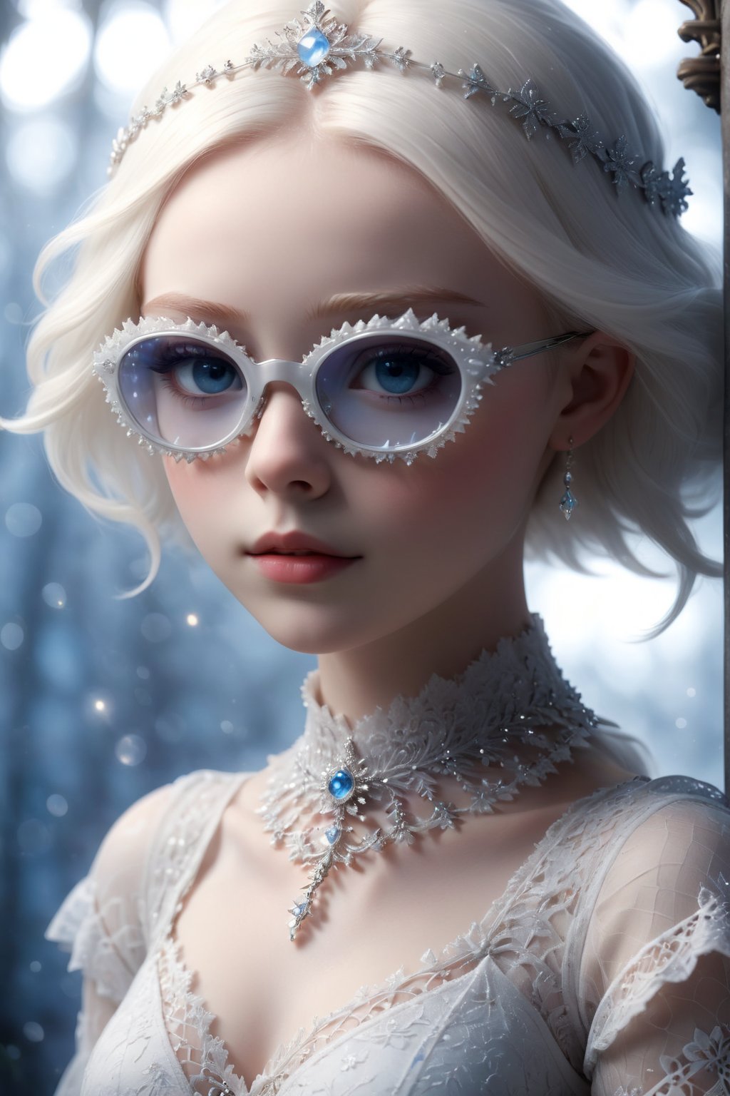 ((Bokeh:1.5)),((Soft focus:1.5)),(Fog),((blur)),(Lens Flare),
The Childlike Empress,stunning beautiful young albino girl,14 yers old,alabaster skin,very short brown  hair,wearing sfglasses,((Slicked back hair)),(head chain with jewelry stone),((viewed from side:1.5)),
girl has Beautiful blue eyes, soft expression, Depth and Dimension in the Pupils, She wears white delicate fractal pattern lace dress, , creating a sense of movement and depth.
p3rfect boobs,3d toon style,sfglasses,