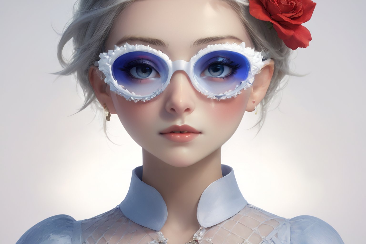 Create a modern-styled portrait of a gentle lady inspired by roses and love, wearing sfglasses,utilizing the vibrant color palettes and sleek lines reminiscent of the works by Chinese contemporary artist Zhang Xiaogang.,Enhance,Daughter of Dragon God,Young beauty spirit ,Perfect skin,sfglasees