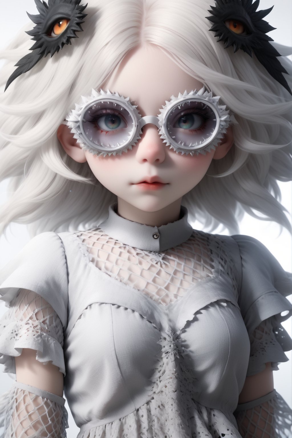 1 girl, (masterful), albino demon girl with lethargic sleepy smokey eyes,(white dreadlocks hair),((slit pupil eyes)),mesh fishnet blouse, () ,wearing sfglasses,
best quality, highest quality, extremely detailed CG unity 8k wallpaper, detailed and intricate, 
,,Glass Elements,sfglasees