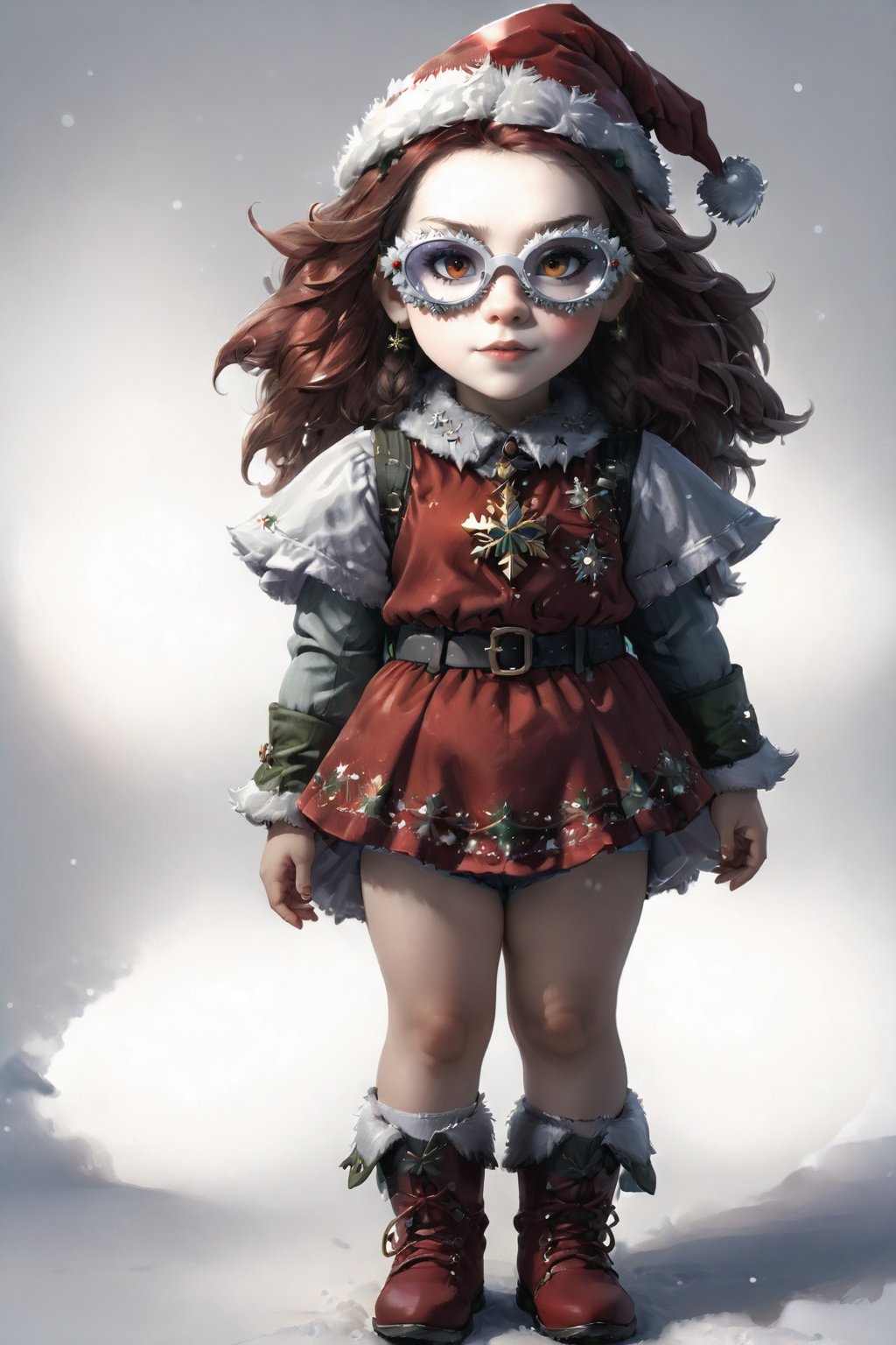 portrait of dwarf teen girl with christmas red dwarf clothes, full shot (FS), ((full body with legs)), standing, looking straight,wearing sfglasses, | (white background:1.2), simple background |, medieval, muted colors, digital art, 8K resolution, ultra quality, Watercolor, trending on artstation, intricate details, highly detailed, greg rutkowski,sfglasees