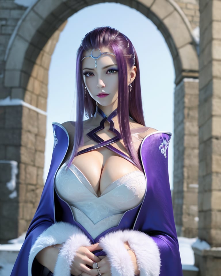 a woman with a sword and a dress in a snowy area with a stone archway and a stone archway, 1girl, blurry, blurry background, blurry foreground, breasts, cleavage, cleavage cutout, depth of field, jewelry, long hair, looking at viewer, purple hair, solo, upper body