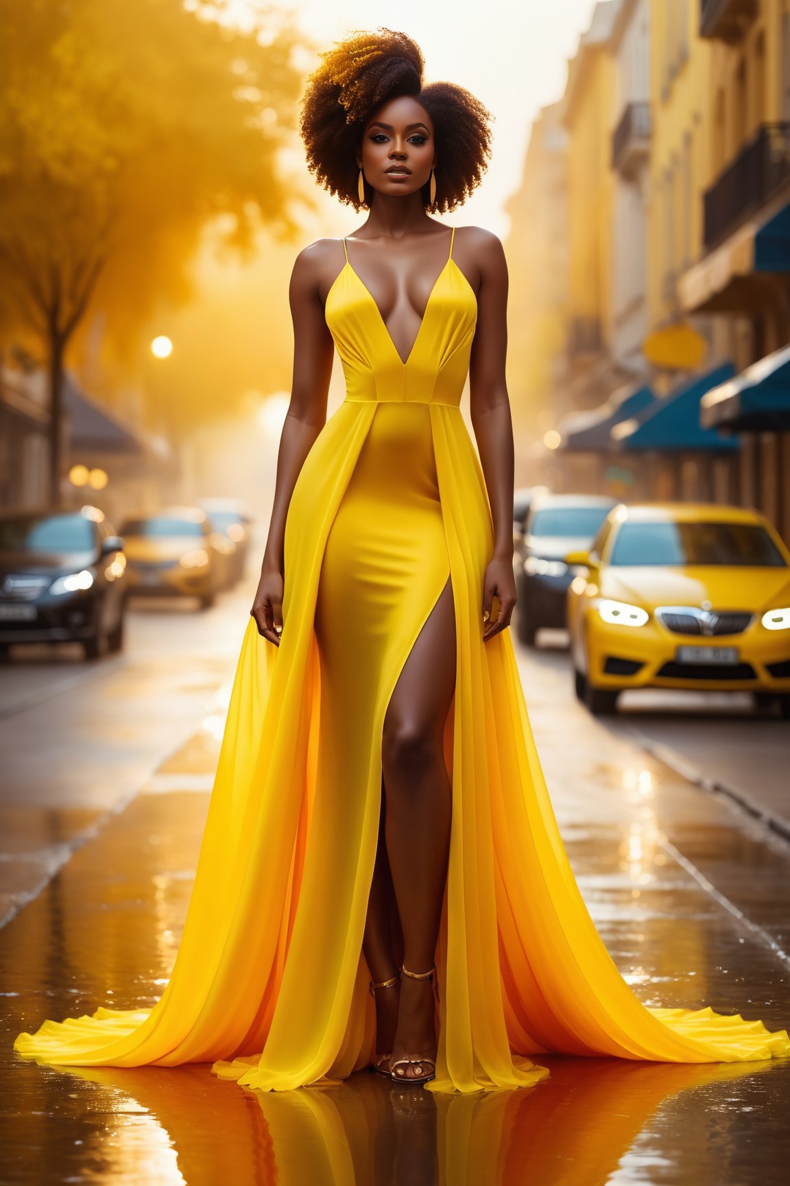 best quality, masterpiece, beautiful and aesthetic, 16K, ( (vibrant color:1.4), (Bright and intense:1.2), Full length front view, liquid dress, concept art, beautiful black woman of yellow, Hazy conditions, Bokeh,