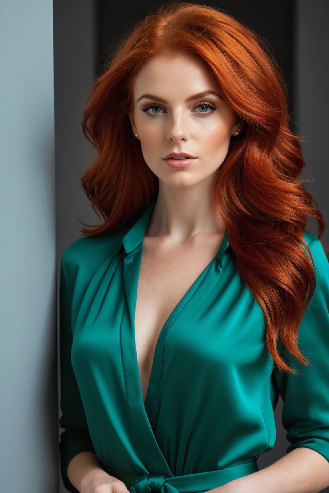 best quality, masterpiece, beautiful and aesthetic, 16K, ( (vibrant color:1.4), (Bright and intense:1.2), Full length front view, beautiful 30 year old, red hair, facing viewer