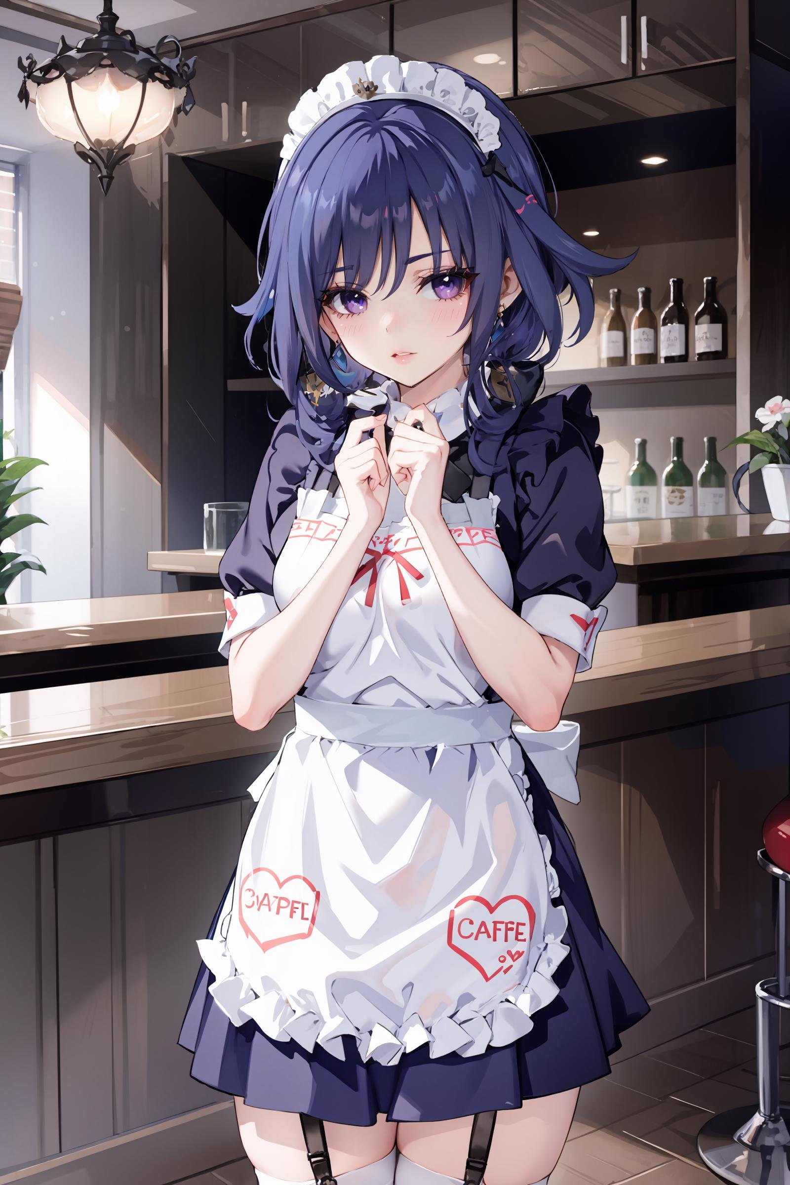 1girl, clorinde \(genshin impact\), maid, maid headdress, maid apron, embarrassed, open mouth, blush, light frown, looking at viewer, cowboy shot, bar \(place\), indoors, depth of field