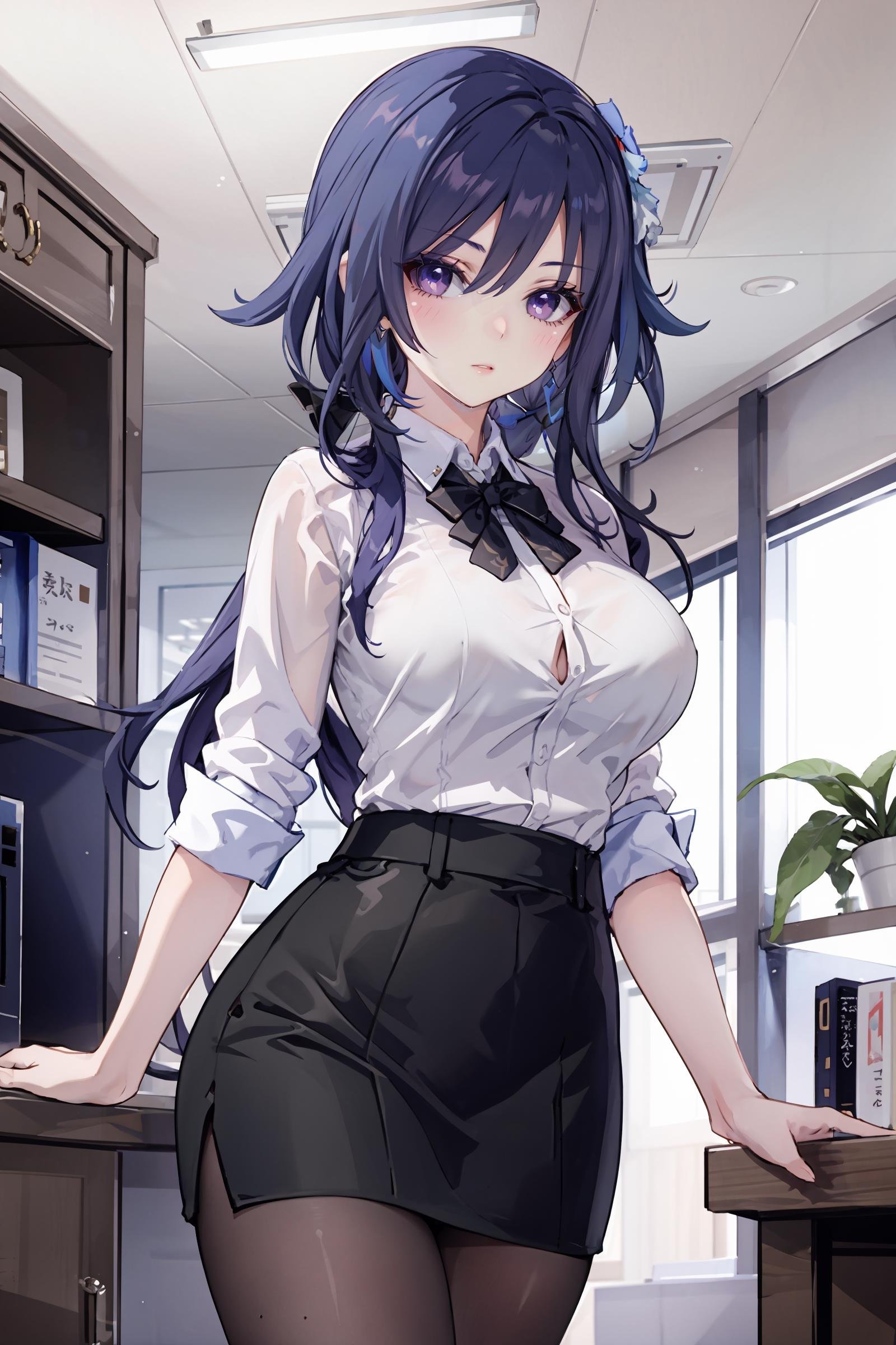 1girl, clorinde \(genshin impact\), expressionless, office lady, collared shirt, pencil skirt, pantyhose, office, cowboy shot, indoors , depth of field