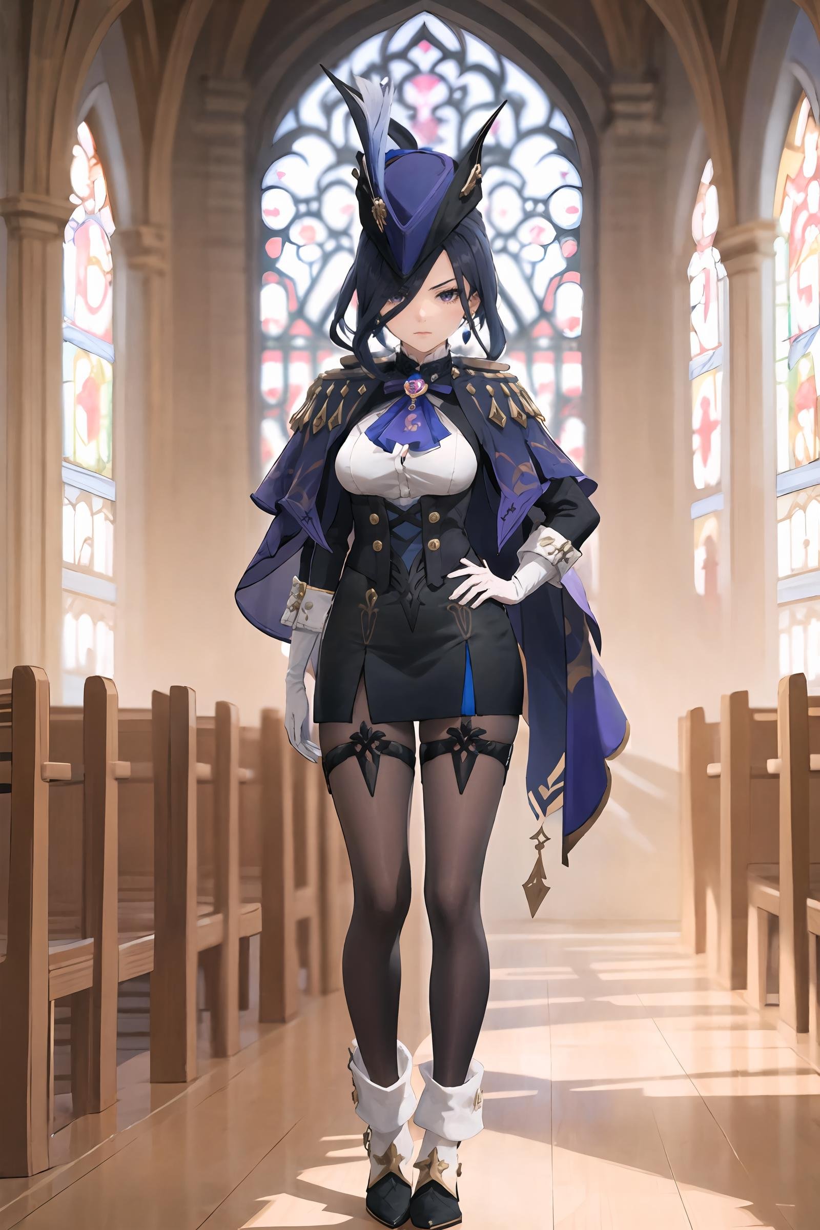 1girl, clorinde \(genshin impact\), tricorne, black pantyhose, earrings, blue cape, white gloves, pencil skirt, white shirt, thigh strap, underbust, ascot, fold-over boots, black jacket, depth of field, full body, standing, glaring, hand on hip, looking at viewer, church, indoors, masterpiece