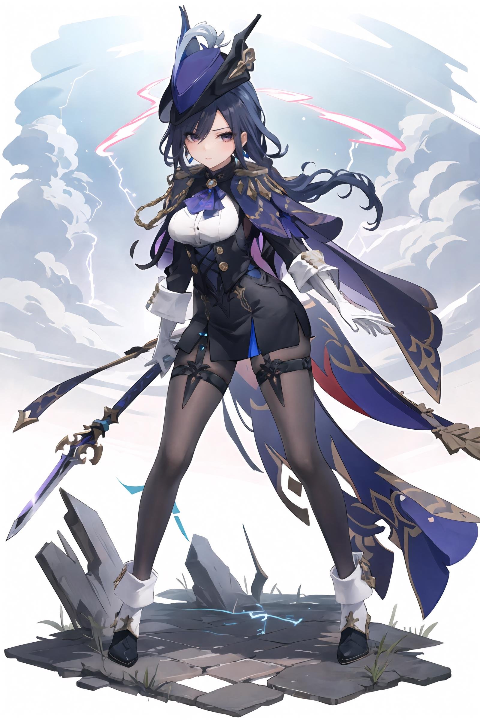 1girl, clorinde \(genshin impact\), tricorne, black pantyhose, earrings, blue cape, white gloves, pencil skirt, white shirt, thigh strap, underbust, ascot, fold-over boots, black jacket, full body, lightning, electricity, aura, looking at viewer, floating hair, glaring, hand on hilt, sword, masterpiece