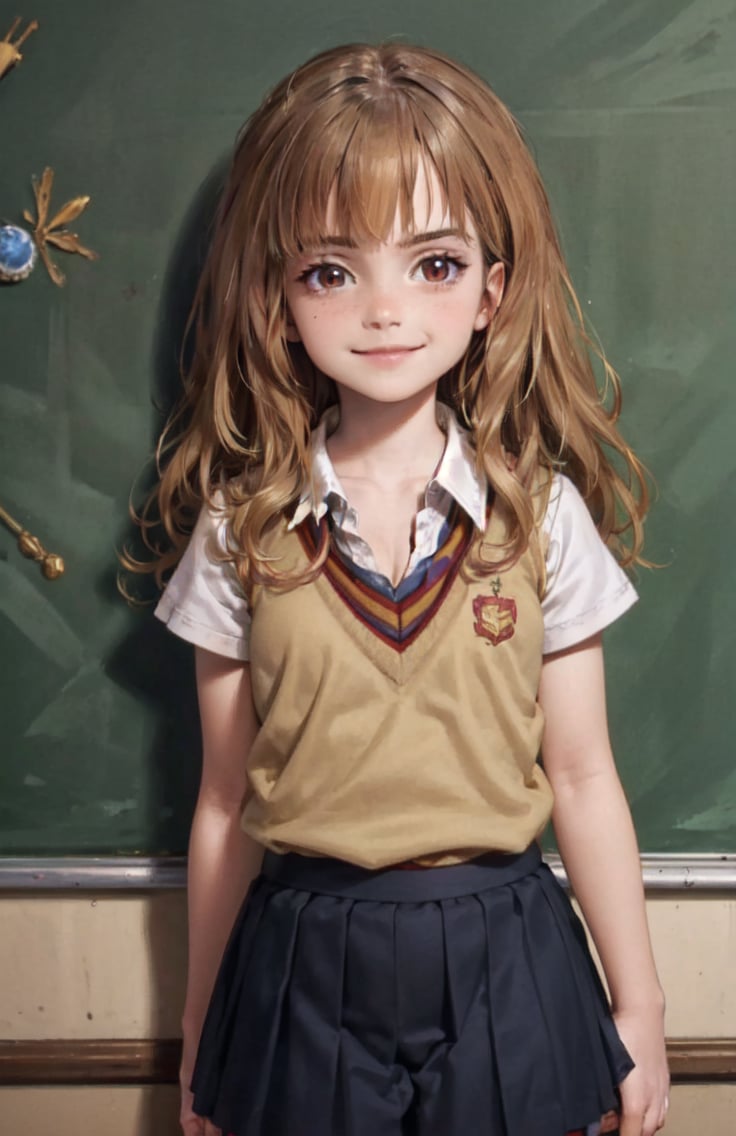 (best quality, ultra-detailed, best illustration, best shadow, masterpiece, high res, professional artwork, famous artwork), <lora:fongletsHermioneGranger_v11:0.8>, (Hermione Granger:1.2), solo, 1girl, indoors, (loli, child:1.2), wide hips, smile, cleavage,  <lora:emmaWatsonLora_v1:0.3>, emma watson, (school uniform:1.2), gyaru, 