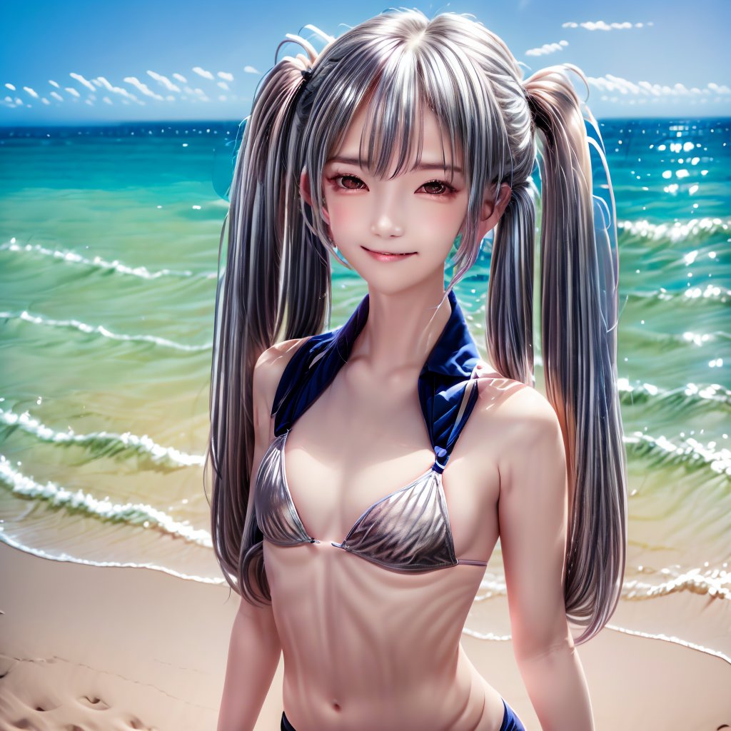 mariko Beautiful beach in the background.Describes from the waist up.(((Silver hair))),solo,1 girl,((((twintails)))),{dark-skin} {{{ Silver hair with a slight purplish }}},a, {{green  eyes}}, {{ultra detailed,best quality, highres, }},,
BREAK
((Background is a beautiful sandy beach with a clear view of the ocean))
Wearing a bikini. Describes from the waist up
Background is a beautiful sandy beach with a clear view of the ocean.
smile,detailed beautiful face, (clear eyes:1.4),photo 
realistic, photo realistic,8k, best quality, ultra detailed, (masterpiece:1.2), highly detailed background, Big and upward-curved eyes with a cute vibe,Thick eyebrows set slightly high {beautiful detailed upper body}, {medium_breasts}, Small and cute nose,Slender and athletic physique,Cute and cheerful vibe,
BREAK put heads together behind one's back.Photo of Pretty Japanese girl,detailed shadow, The upper third of the photo is the background, ,more detail XL,Japanese Girl - SDXL,micro bikini,mariko