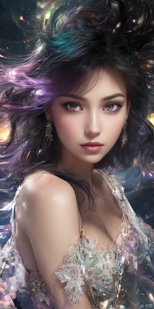  1girl, dance, Fairy, crystal, jewels,black, Crystal clear,solo, long hair, looking at viewer,black hair,jewelry, earrings,lips, makeup, portrait, eyeshadow, realistic, nose,{{best quality}}, {{masterpiece}}, {{ultra-detailed}}, {illustration}, {detailed light}, {an extremely delicate and beautiful}, a girl, {beautiful detailed eyes}, stars in the eyes, messy floating hair, colored inner hair, Starry sky adorns hair, depth of field, large breasts,cleavage,zj,
