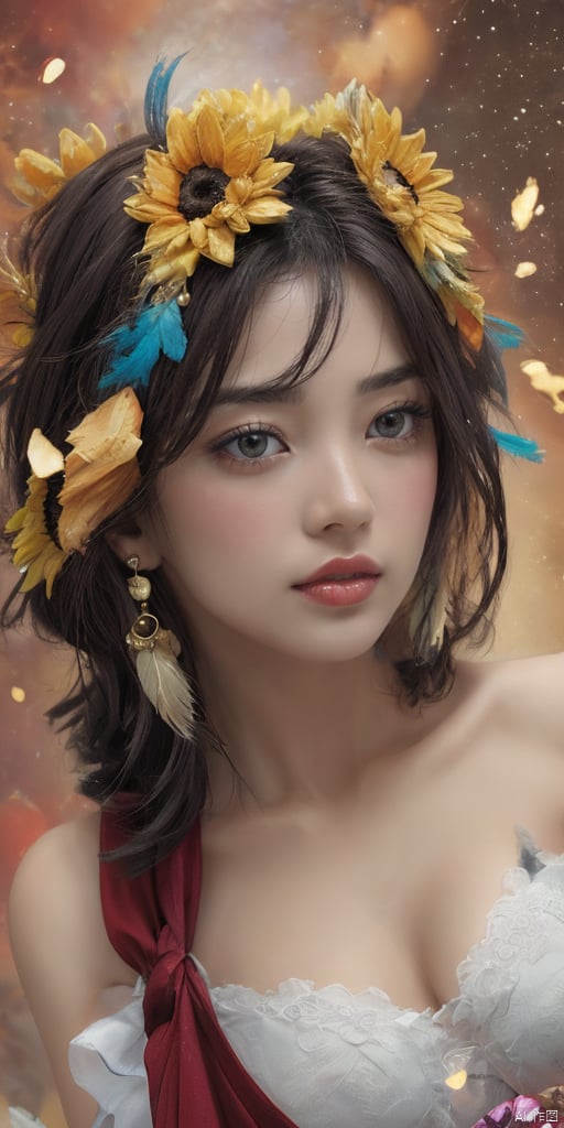  1girl,Han Chinese girls,yellow Hanfu,,full body,feathers,floating object,floating weapon,chinese clothes,large breasts,sunflower,jewelry, earrings,lips, makeup, portrait, eyeshadow, realistic, nose,{{best quality}}, {{masterpiece}}, {{ultra-detailed}}, {illustration}, {detailed light}, {an extremely delicate and beautiful}, a girl, {beautiful detailed eyes}, stars in the eyes, messy floating hair, colored inner hair, Starry sky adorns hair, depth of field, large breasts,cleavage,blurry, no humans, traditional media, gem, crystal, still life, Dance,movements, All the Colours of the Rainbow,zj,
simple background, shiny, blurry, no humans, depth of field, black background, gem, crystal, realistic, red gemstone, still life,
