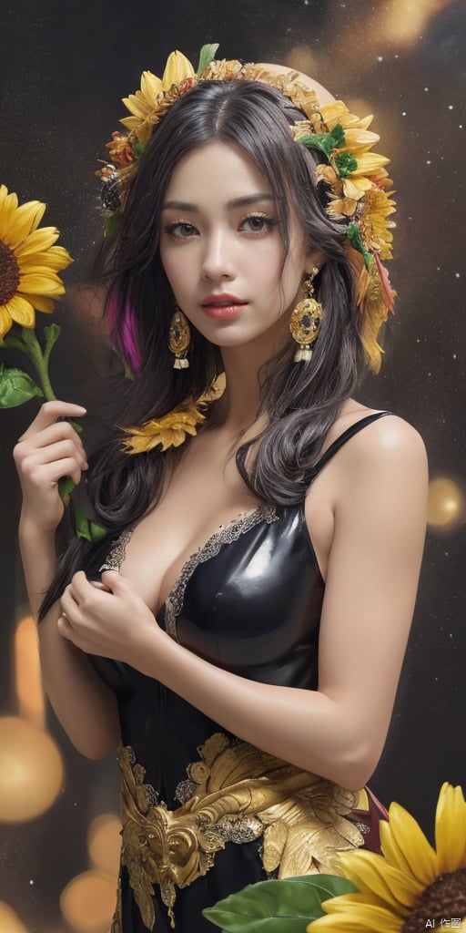  1girl,Han Chinese girls,yellow Hanfu,,full body,feathers,floating object,floating weapon,chinese clothes,large breasts,sunflower,jewelry, earrings,lips, makeup, portrait, eyeshadow, realistic, nose,{{best quality}}, {{masterpiece}}, {{ultra-detailed}}, {illustration}, {detailed light}, {an extremely delicate and beautiful}, a girl, {beautiful detailed eyes}, stars in the eyes, messy floating hair, colored inner hair, Starry sky adorns hair, depth of field, large breasts,cleavage,blurry, no humans, traditional media, gem, crystal, still life, Dance,movements, All the Colours of the Rainbow,zj,
simple background, shiny, blurry, no humans, depth of field, black background, gem, crystal, realistic, red gemstone, still life,
