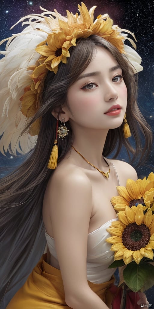  1girl,Han Chinese girls,yellow Hanfu,,full body,feathers,floating object,floating weapon,chinese clothes,large breasts,sunflower,jewelry, earrings,lips, makeup, portrait, eyeshadow, realistic, nose,{{best quality}}, {{masterpiece}}, {{ultra-detailed}}, {illustration}, {detailed light}, {an extremely delicate and beautiful}, a girl, {beautiful detailed eyes}, stars in the eyes, messy floating hair, colored inner hair, Starry sky adorns hair, depth of field, large breasts,cleavage,blurry, no humans, traditional media, gem, crystal, still life, Dance,movements, All the Colours of the Rainbow,zj,
simple background, shiny, blurry, no humans, depth of field, black background, gem, crystal, realistic, red gemstone, still life,
